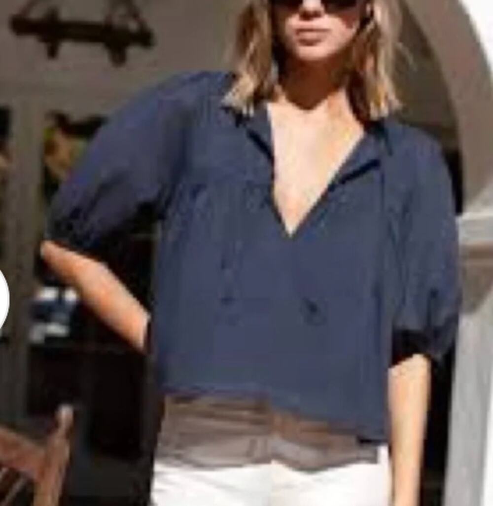 Emerson Fry Isla Puff Short Sleeve Tie Front Boxy Cotton Top Blouse Blue XS/S